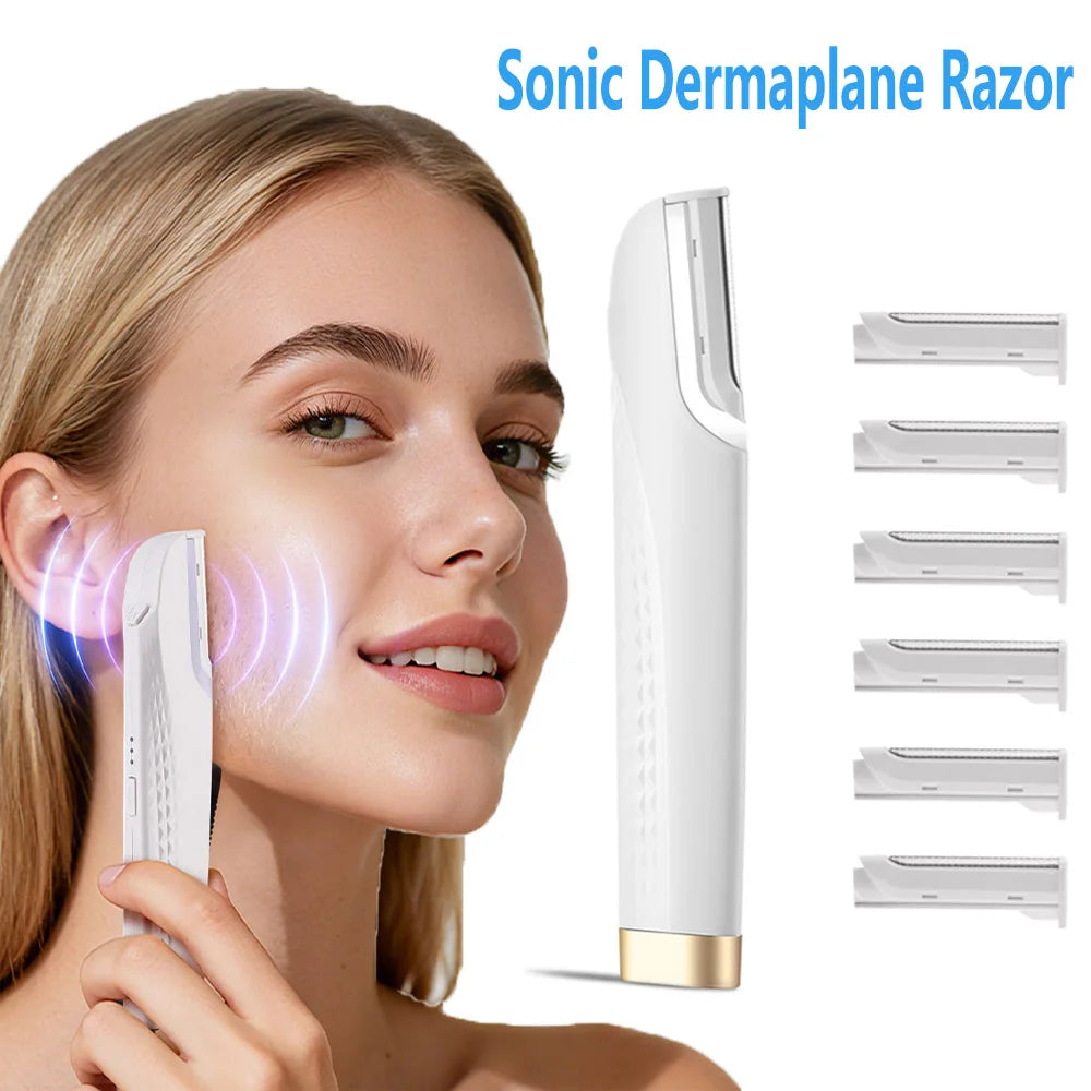 Electric Women Sonic Dermaplaning Razor Facial Exfoliation Hair Remover LED Face Fuzz Hair Scraper 6 Cutter Head Portable Shaver
