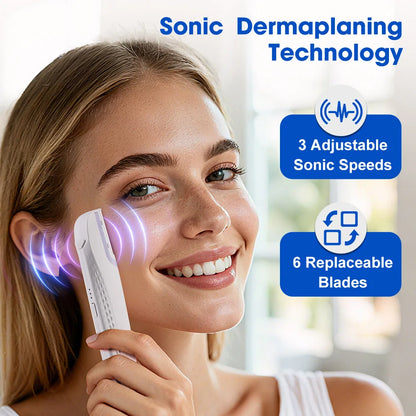 Electric Women Sonic Dermaplaning Razor Facial Exfoliation Hair Remover LED Face Fuzz Hair Scraper 6 Cutter Head Portable Shaver